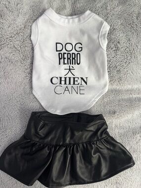 White & Black Dog Graphic Tee with Black Faux Leather Skirt - Pet Apparel